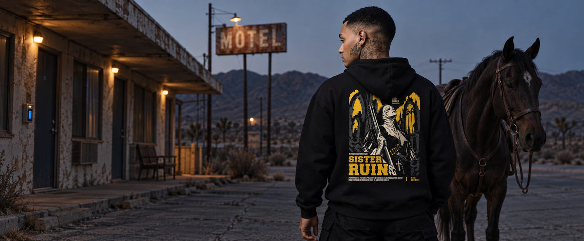 Leon wearing the black Sister Ruin hoodie beside a horse at a desert motel.