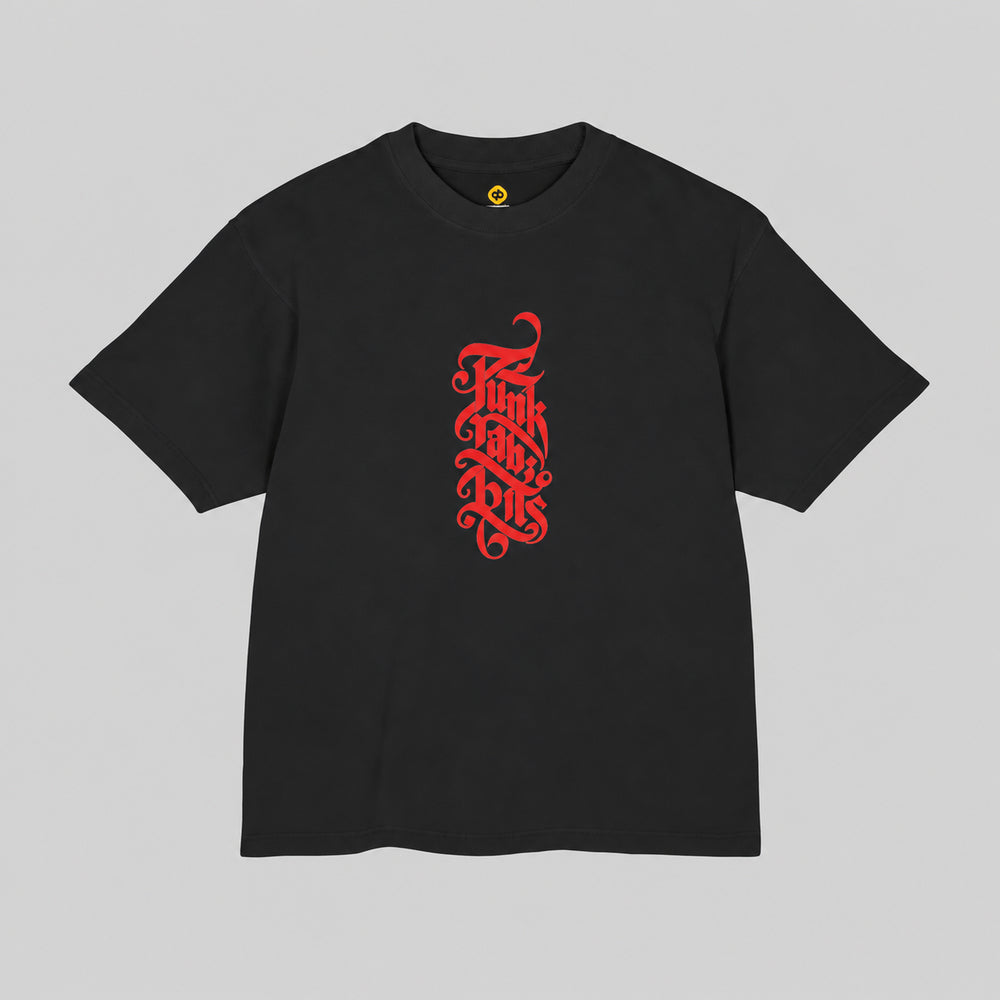 Front of black Insurgent Premium Boxy Tee with vertical red Punkrabbits calligraphic wordmark.