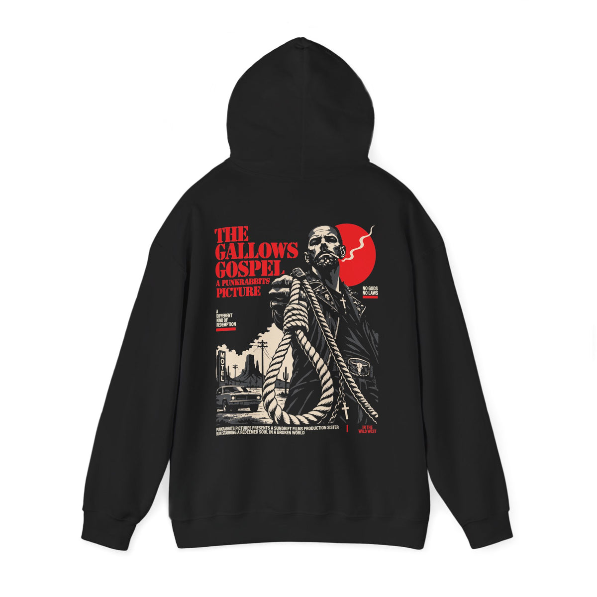 The Gallows Gospel black hoodie with hood raised, showing noose-bearing outlaw, desert motel and red disc on the back