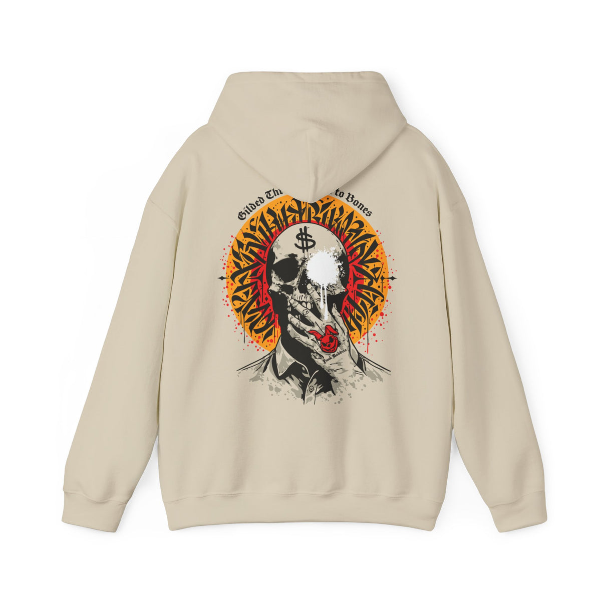 Sand hoodie back with skull, dollar mark, white eye splash and red-and-gold calligraphic disc; hood down.
