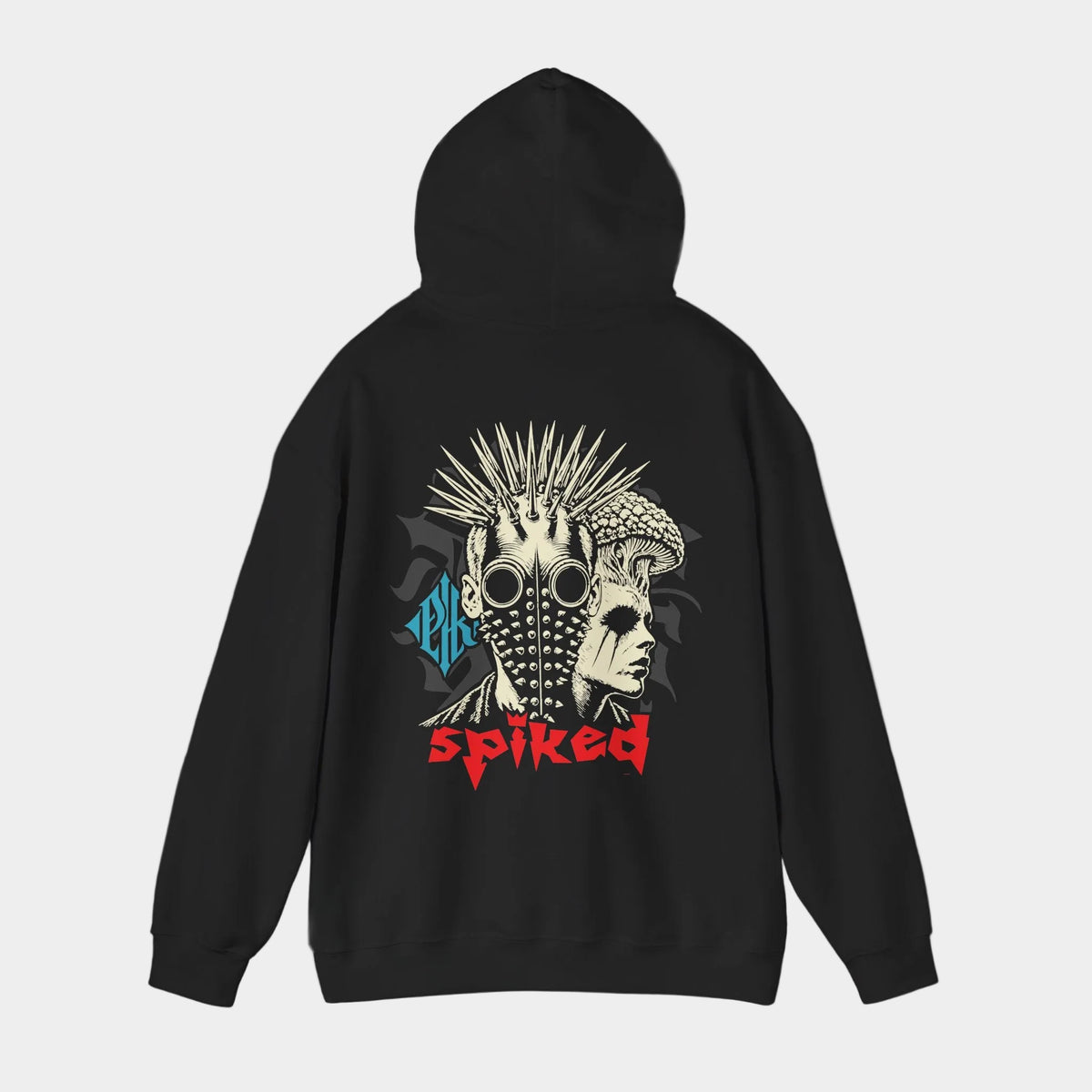 Spiked black hoodie with hood raised, back view showing a punk portrait with a spike mohawk, round goggles and a studded face mask beside a mushroom-crowned profile.