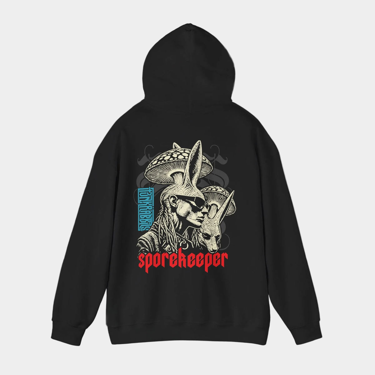 Spore Keeper black hoodie with hood raised, back view showing a rabbit-eared human in dark glasses beside a rabbit head under mushroom caps, with red Sporekeeper lettering.