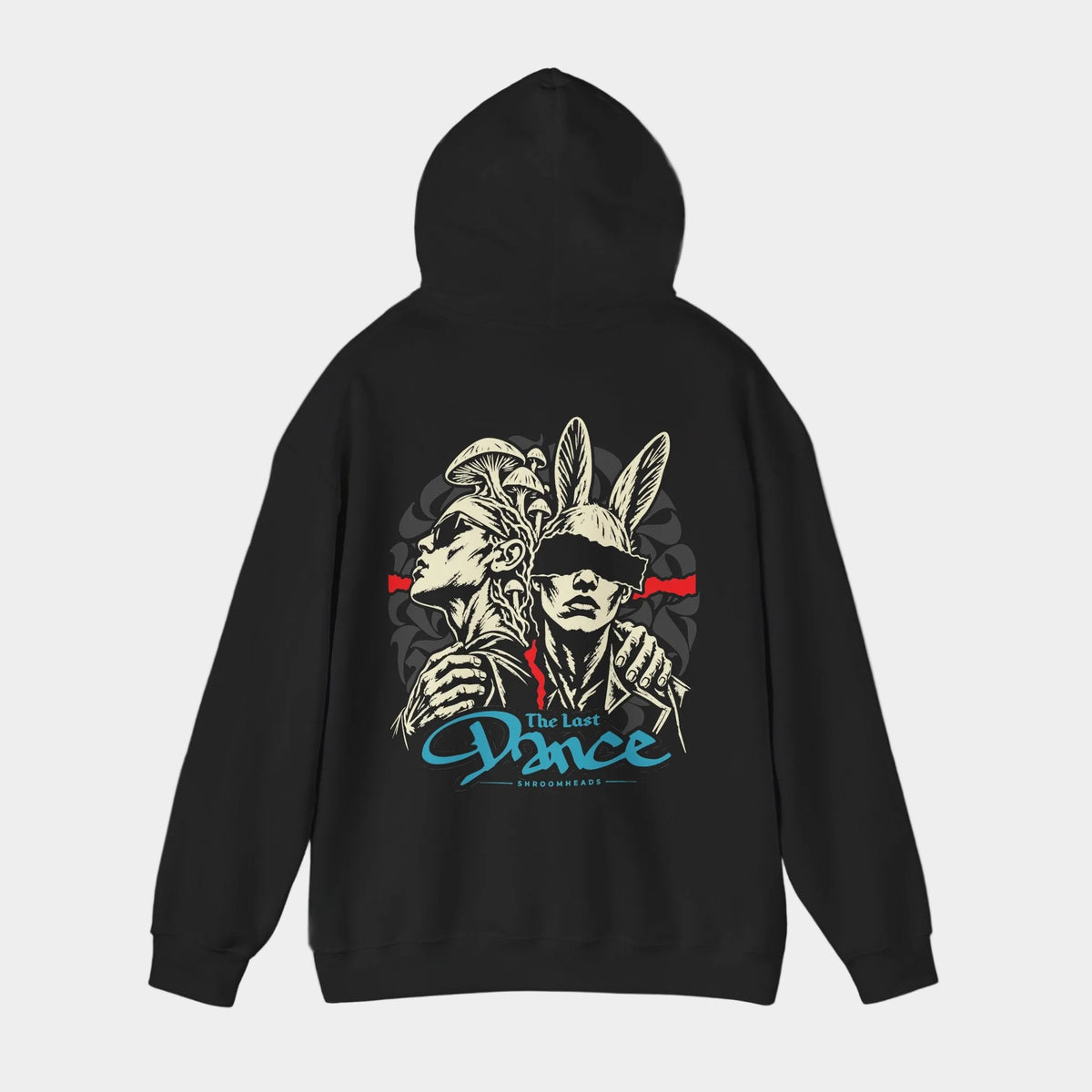 Last Dance black hoodie with hood raised, back view showing two linked figures, one mushroom-crowned and one rabbit-eared, with a red band and blue The Last Dance script.
