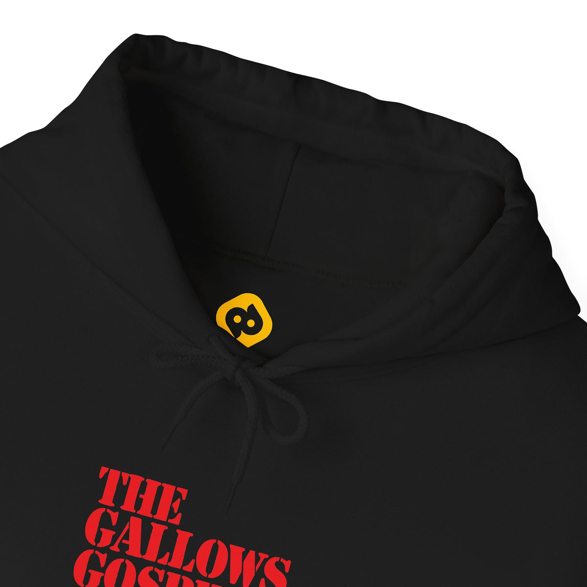 The Gallows Gospel black hoodie close-up of drawstring hood, neckline and red The Gallows Gospel chest lettering