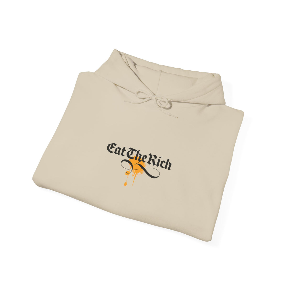 Folded Sand hoodie showing the black Eat The Rich chest graphic and gold splash.