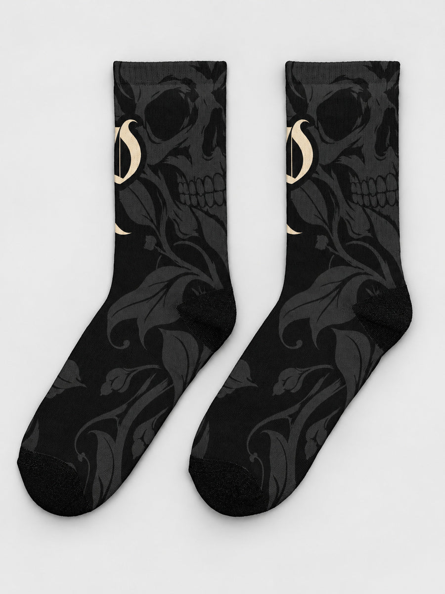 Synthesis skull bloom socks: pair, primary printed supplier view refreshed on gray.