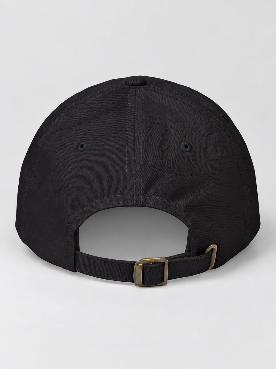 Black Synthesis Ritual embroidered cap, rear strap and buckle on gray.
