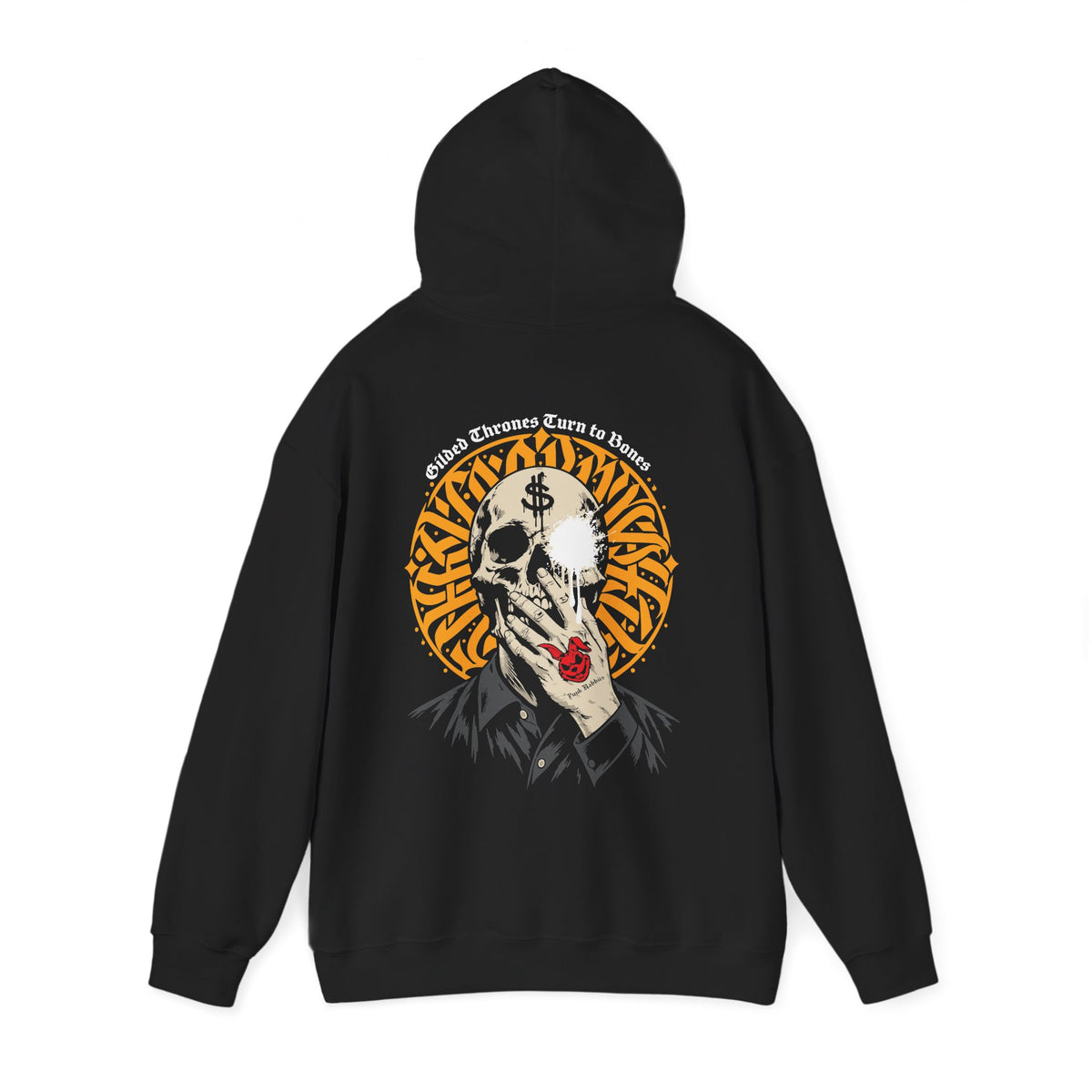 Black hoodie back with full Gilded Thrones Turn to Bones skull artwork; hood raised.