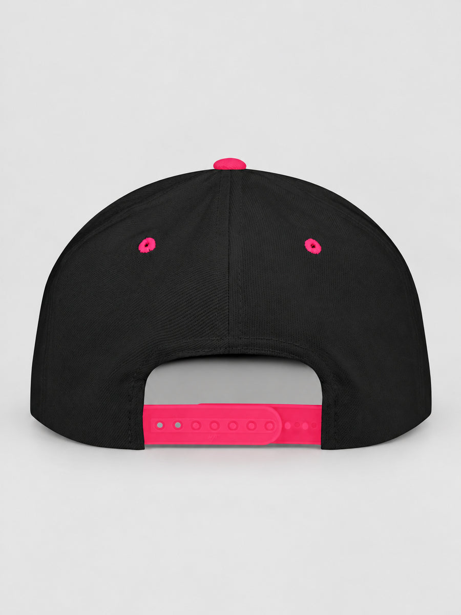 Synthesis Doomed Flat Bill Snapback Hat in Black/Neon Pink, rear studio view showing the adjustable snap closure.