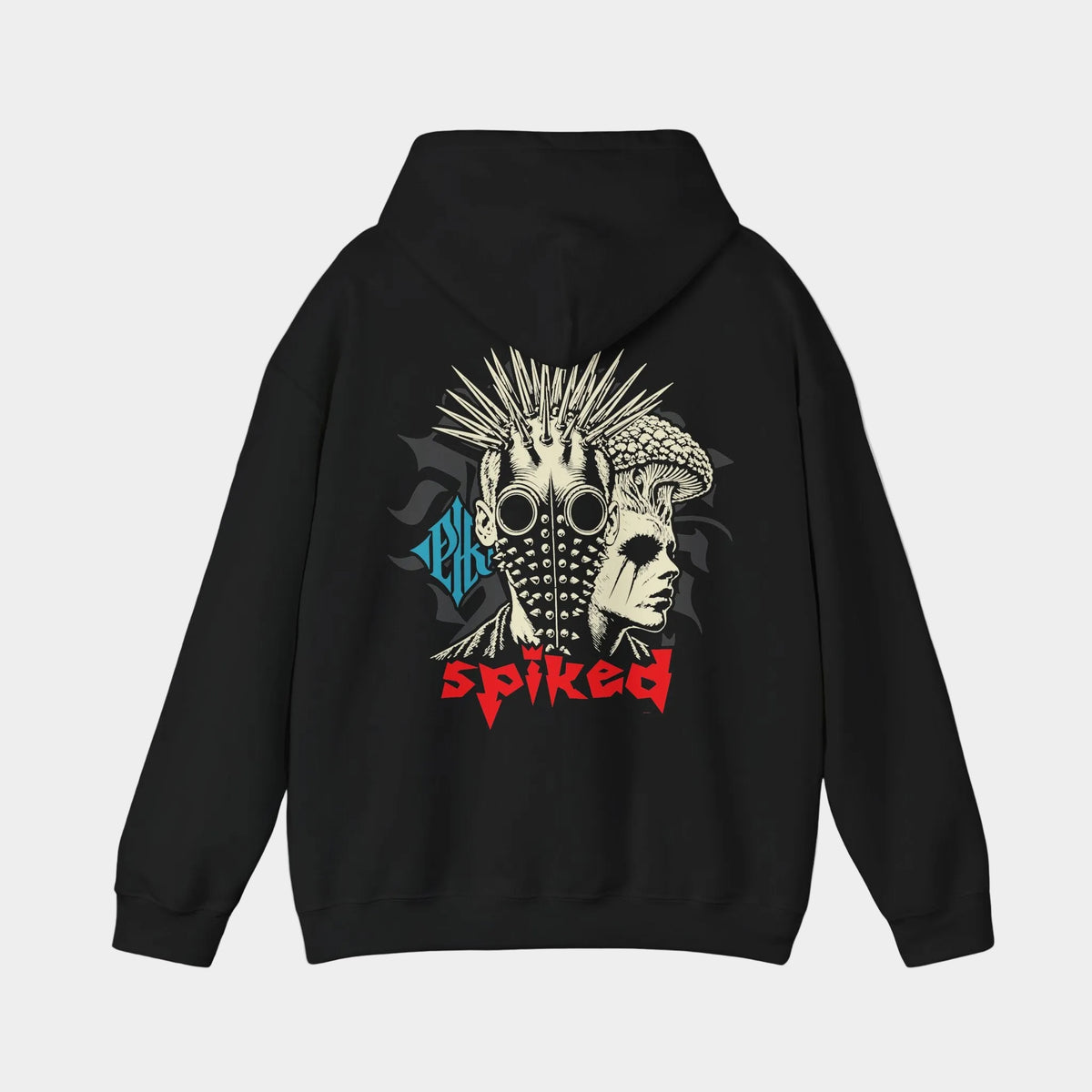 Spiked black hoodie, back view showing a punk portrait with a spike mohawk, round goggles and a studded face mask beside a mushroom-crowned profile.