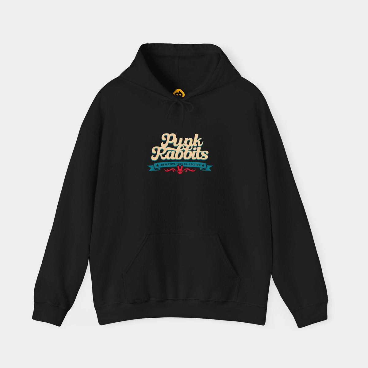 Doctor Dolly black hoodie, front view showing cream Punk Rabbits script above a teal banner and small red ornament above the kangaroo pocket.