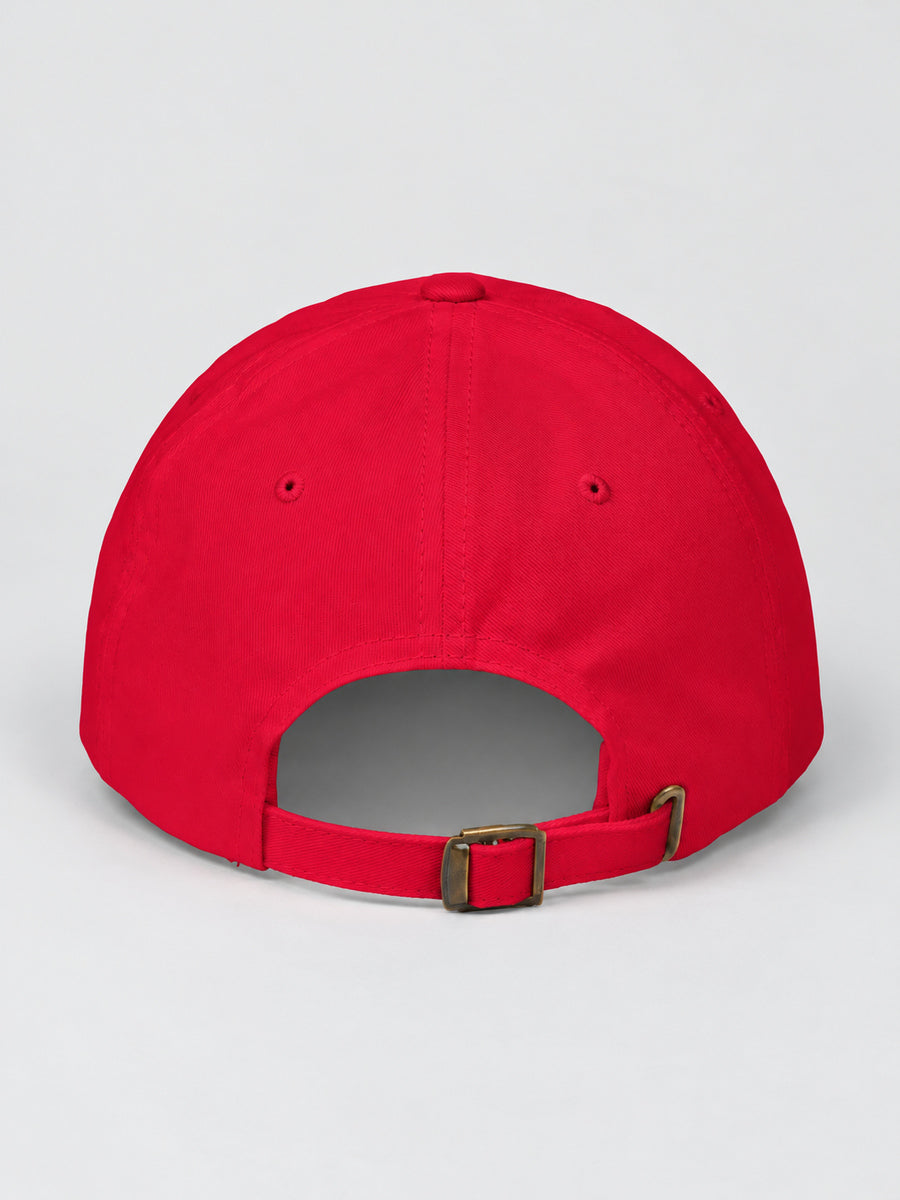 Cranberry Synthesis Ritual embroidered cap, rear strap and buckle on gray.