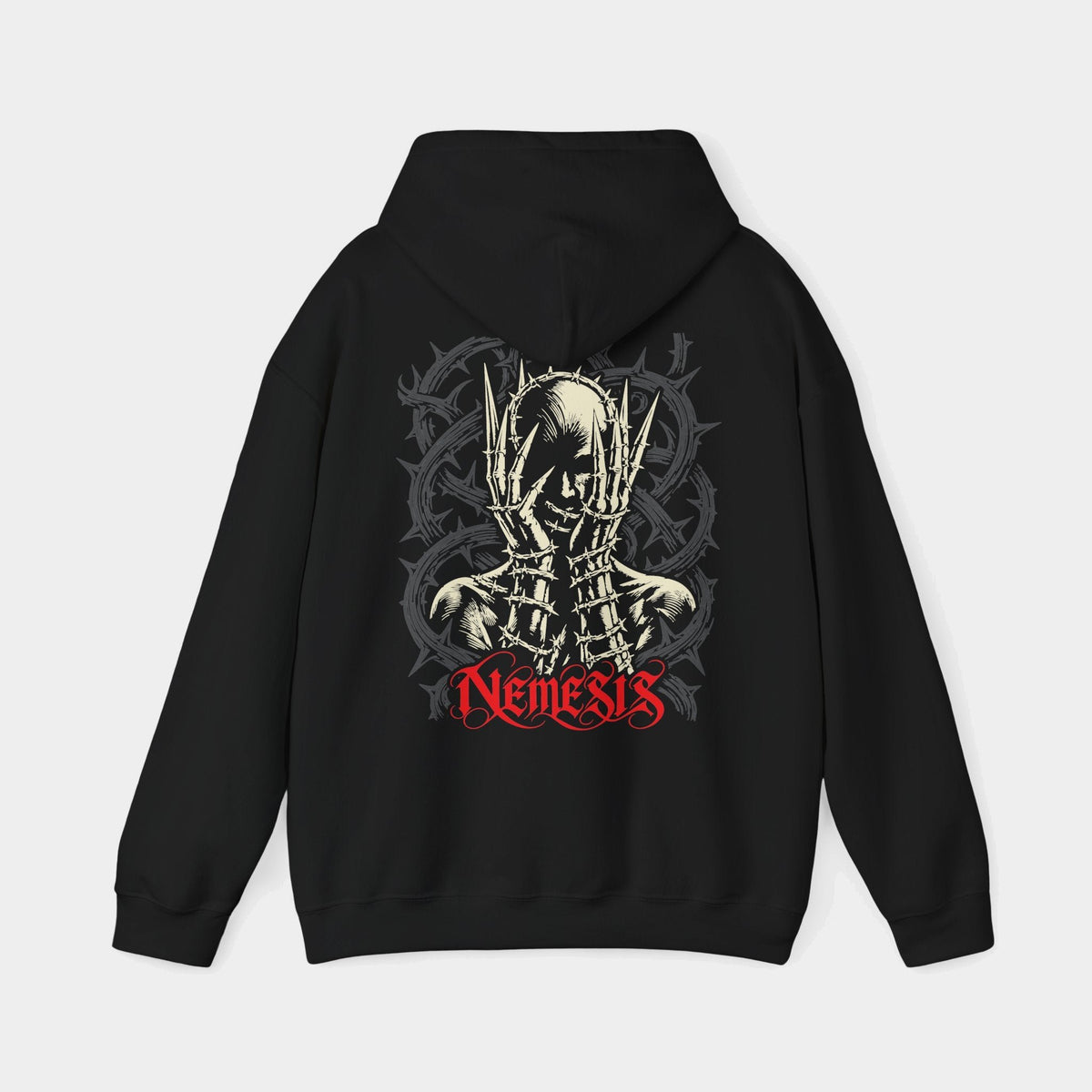 Nemesis black hoodie, back view showing an ivory skull framed by long pointed skeletal fingers and barbed wire, with charcoal coils and red Nemesis lettering.