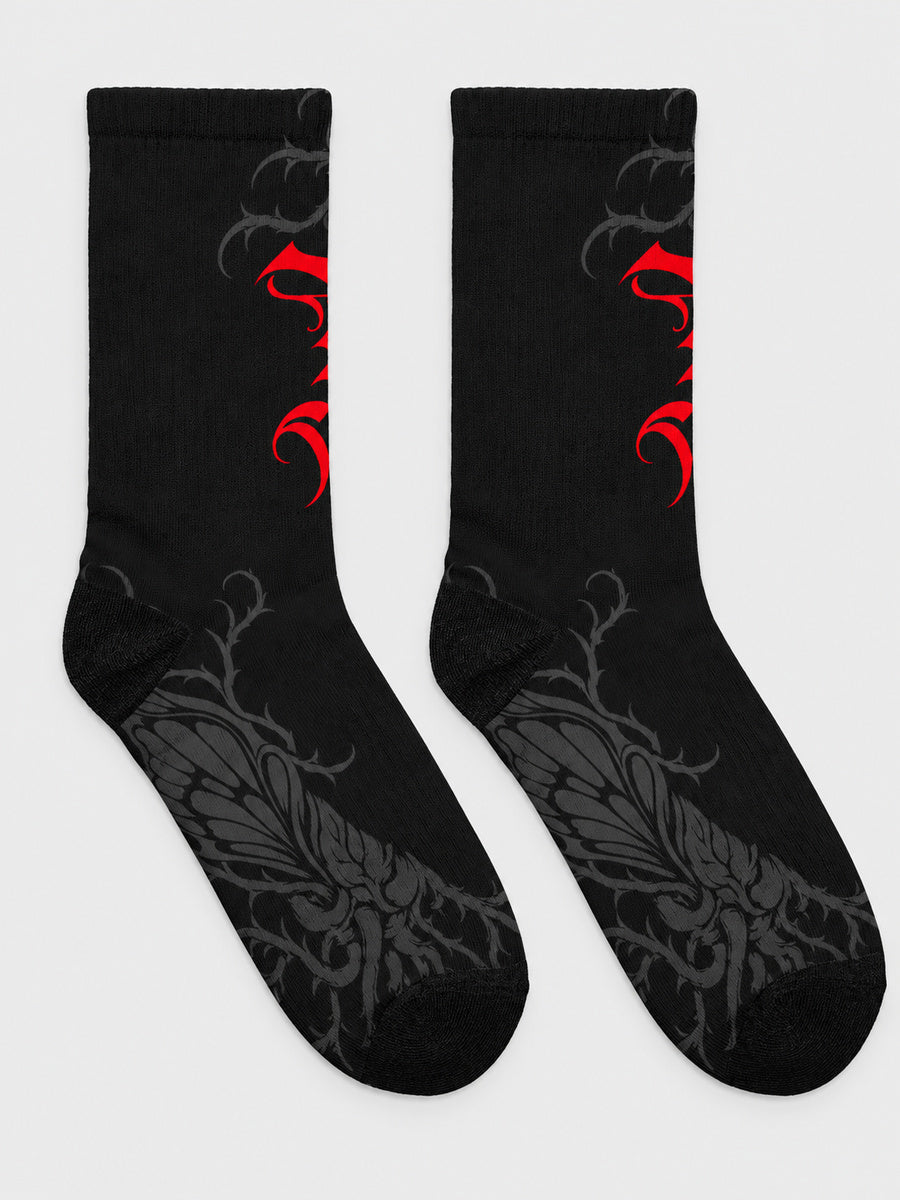 Synthesis Butterfly Roots socks — complete supplier-style pair on gray, actual printed opposite view, black with red Gothic P and dark gray butterfly roots.
