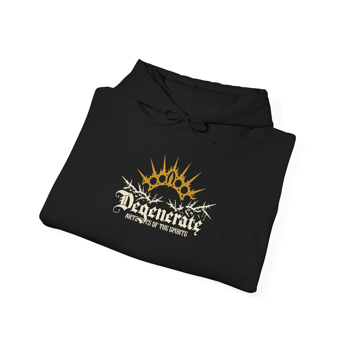 Degenerate black hoodie folded, close view of small Degenerate sunburst mark