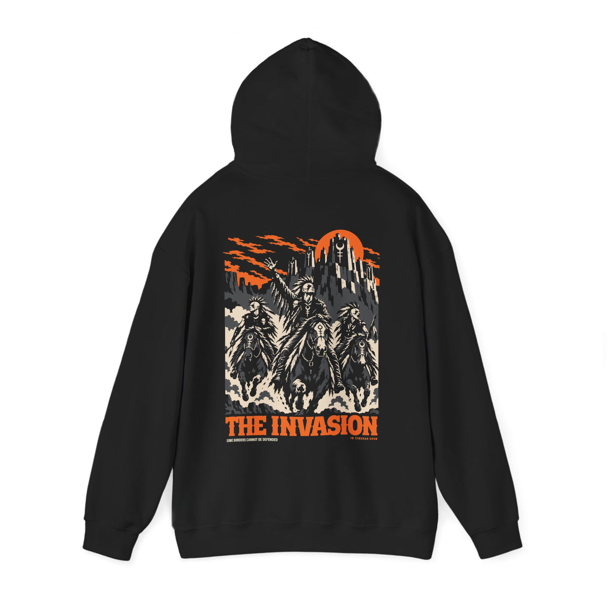 The Invasion black hoodie with hood raised, showing three masked horse riders charging below a fortress and orange sky on the back