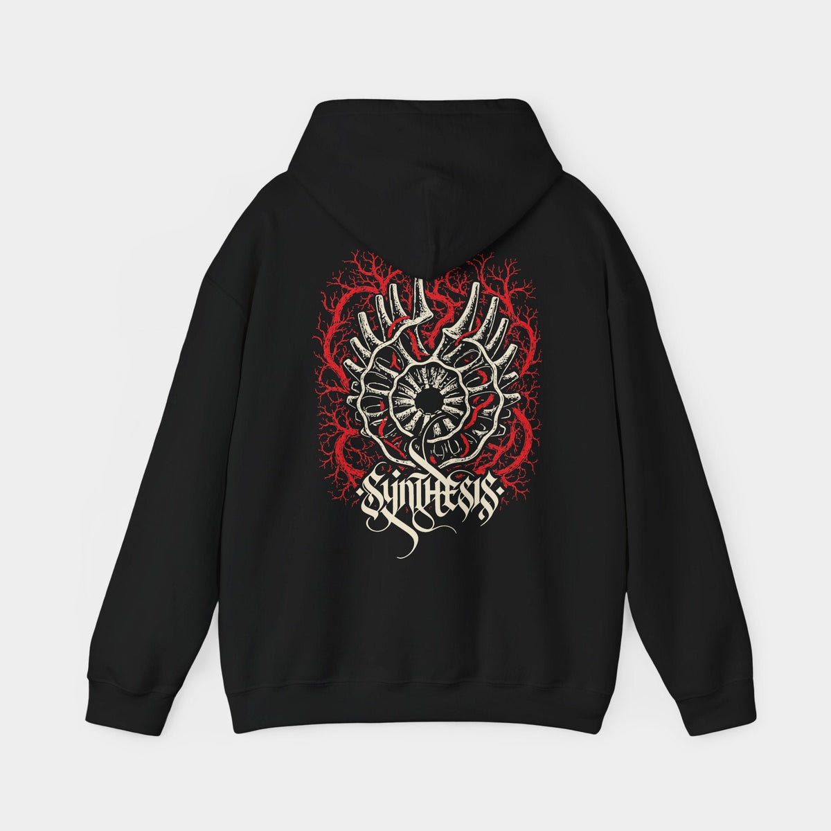 Opsis black hoodie, back view showing an ivory eye-like circular form, horn-like projections, red branching lines and ivory Synthesis lettering.