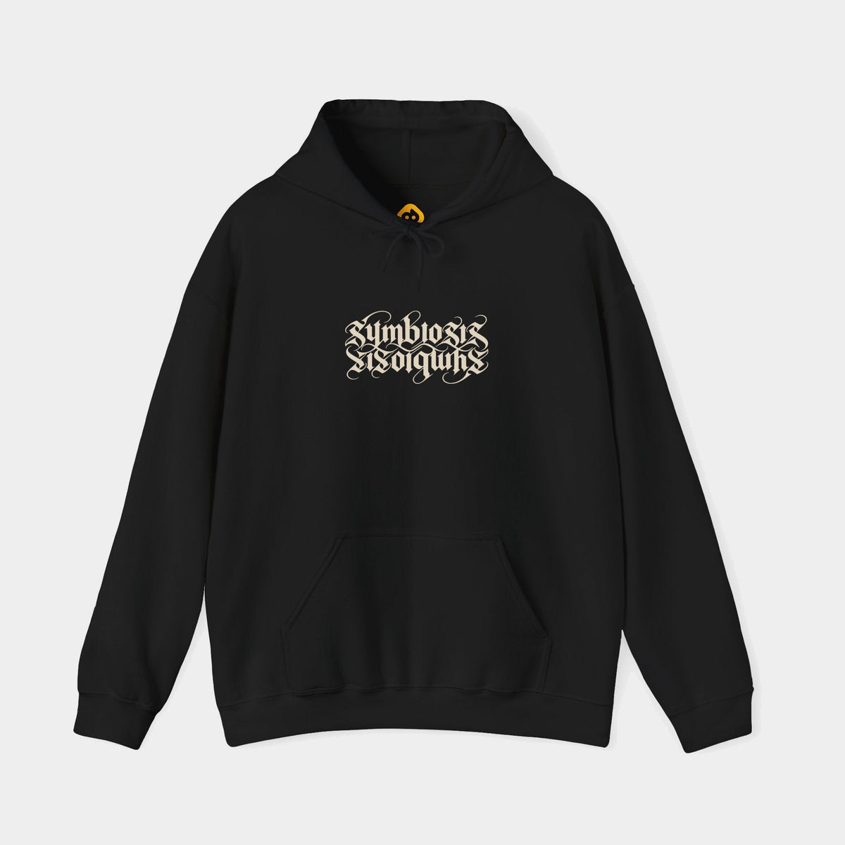 Symbiosis black hoodie, front view showing paired upright and inverted ivory Symbiosis lettering above the kangaroo pocket.