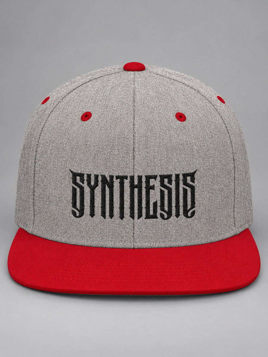 Synthesis Blackout snapback in Heather Grey and Red, front view with black angular Synthesis embroidery, red flat bill and red eyelets on gray.