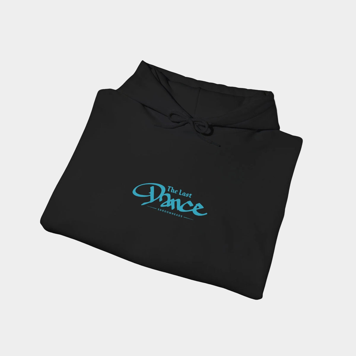 Last Dance black hoodie folded, showing blue The Last Dance script with small Shroomheads lettering.