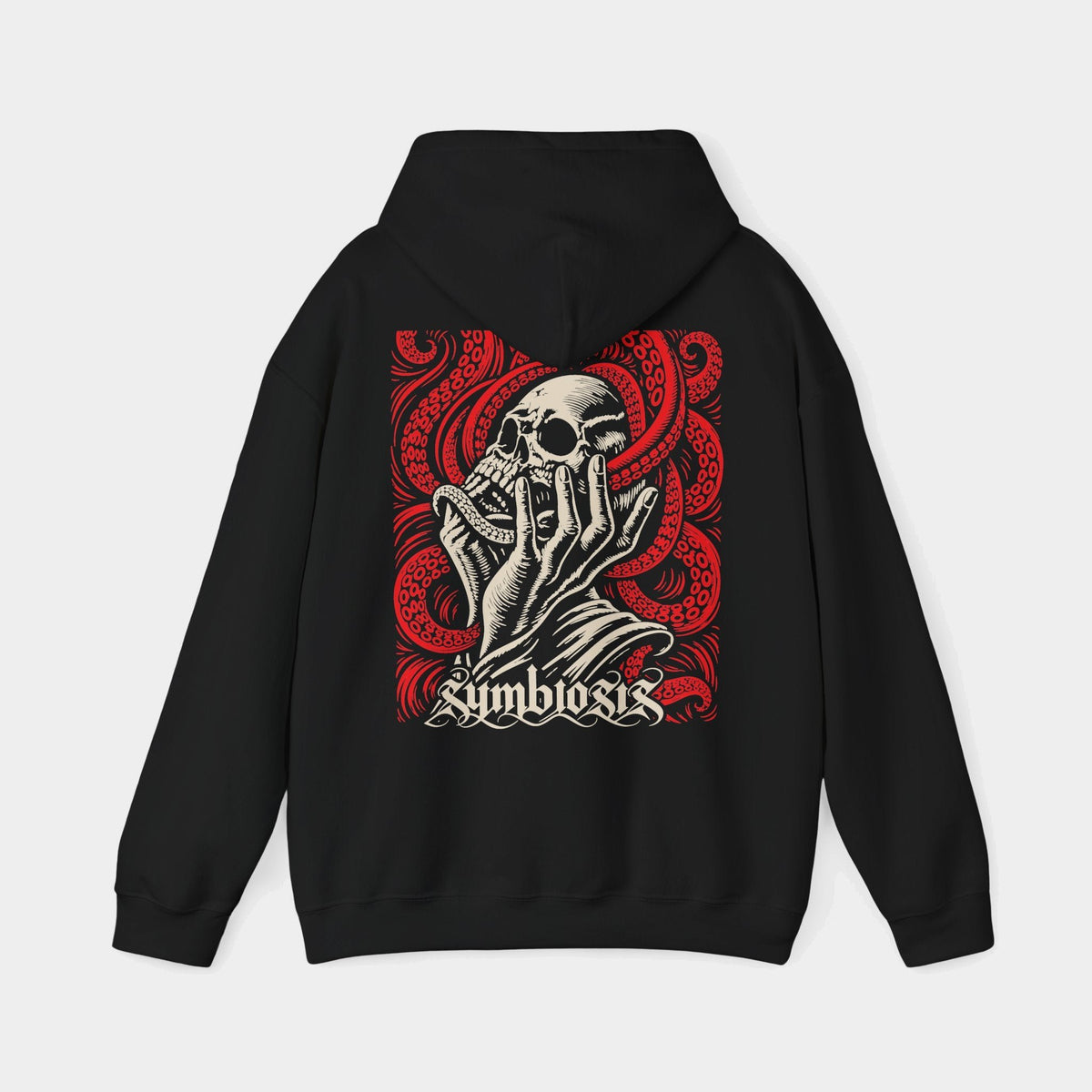 Symbiosis black hoodie, back view showing an ivory skull cradled by an upward-reaching hand amid red octopus tentacles with suction cups, with ivory Symbiosis lettering.