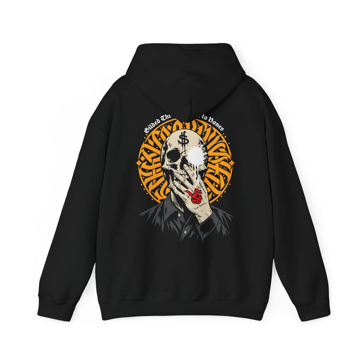 Black hoodie back with skull, dollar mark, white eye splash, red rabbit emblem and gold calligraphic disc; hood down.