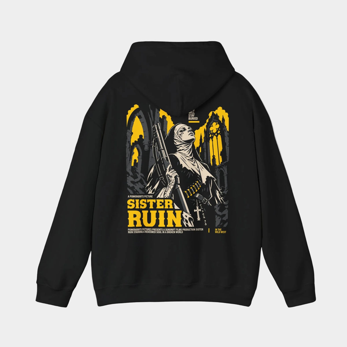 Sister Ruin black hoodie, back view with armed nun among Gothic ruins in yellow, ivory and charcoal