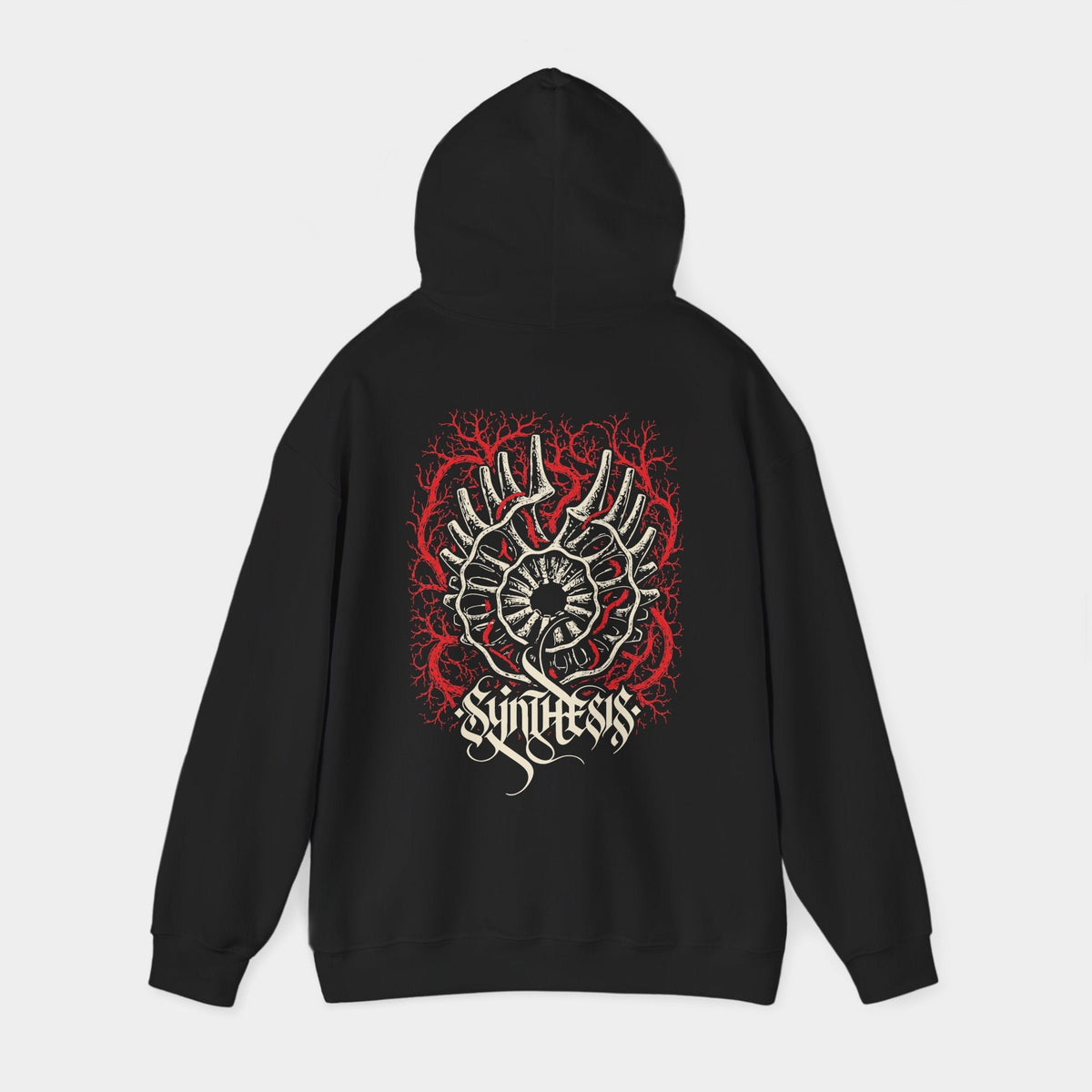 Opsis black hoodie with hood raised, back view showing an ivory eye-like emblem, red branching lines and Synthesis lettering.
