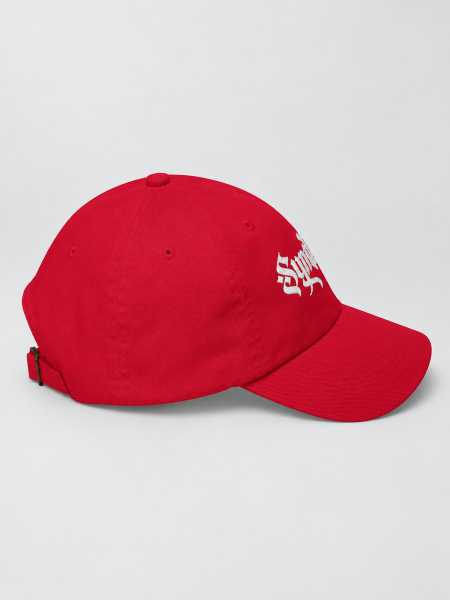 Cranberry Synthesis Ritual embroidered cap, right-facing side on gray.