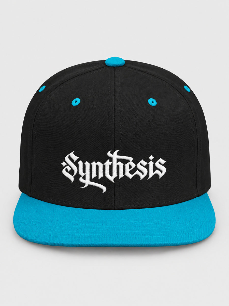 Synthesis Doomed Flat Bill Snapback Hat in Black/Teal, front studio view with white Gothic embroidery.