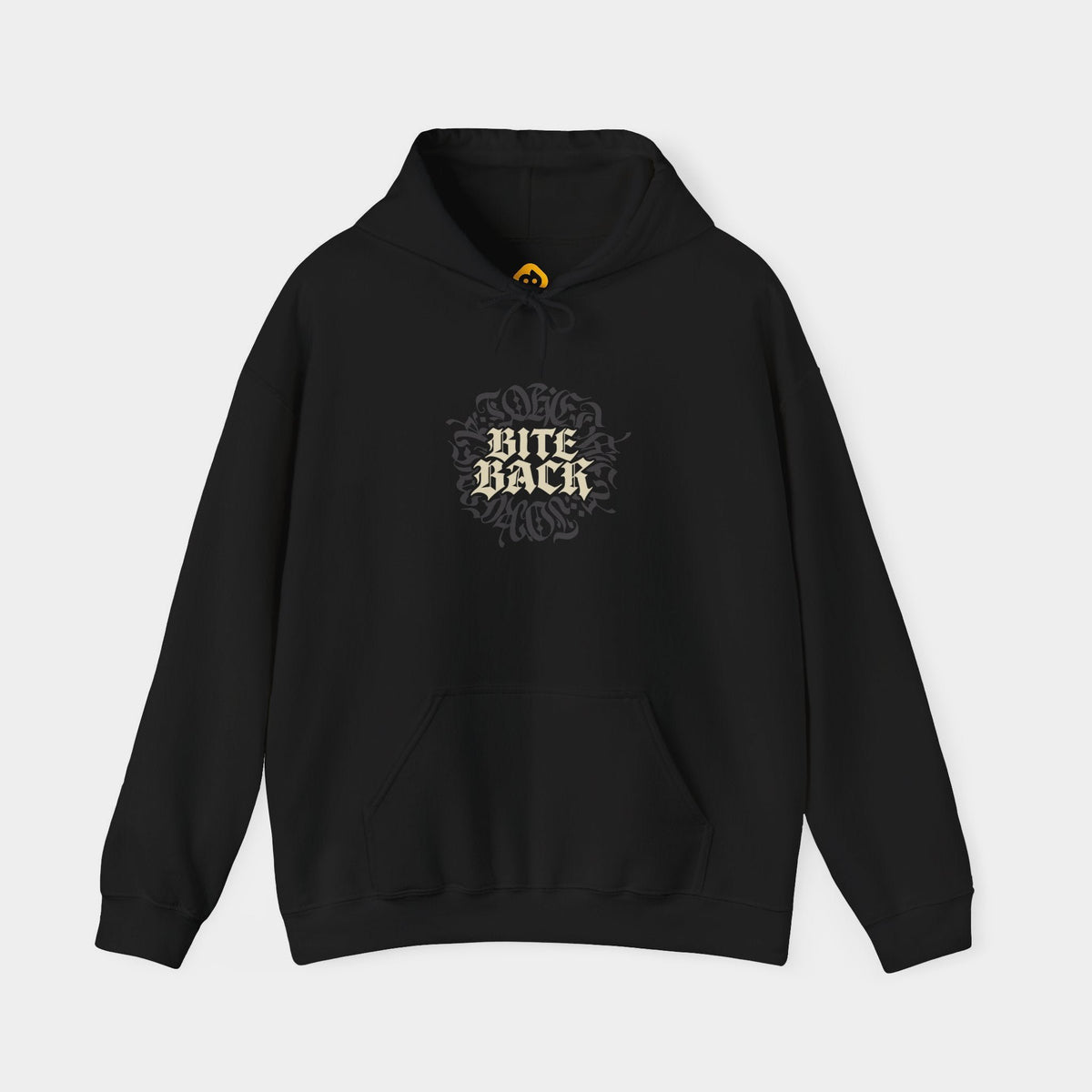 Bite Back black hoodie, front view showing cream Bite Back blackletter in two stacked lines over a dark charcoal ornamental circle.