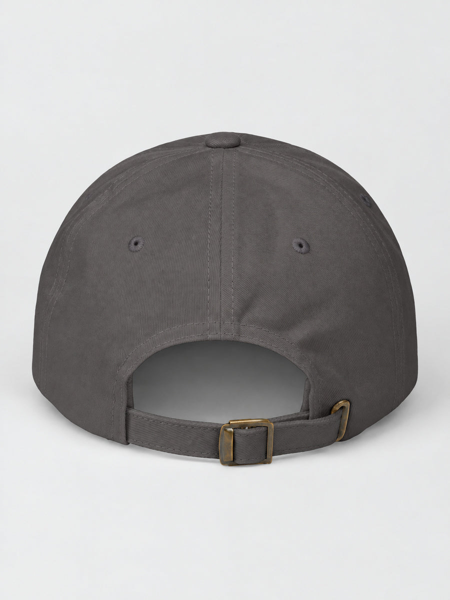 Dark Grey Synthesis Ritual embroidered cap, rear strap and buckle on gray.
