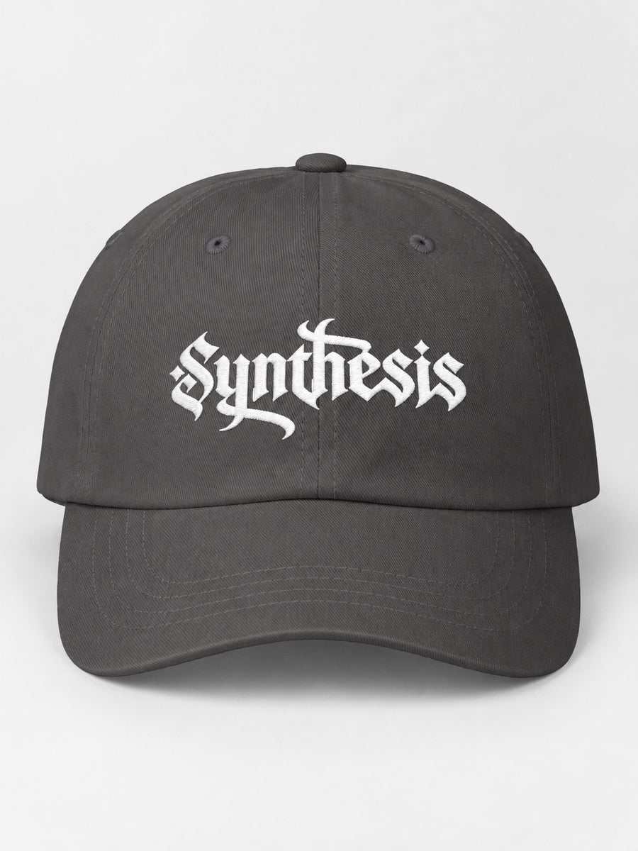 Dark Grey Synthesis Ritual embroidered cap, front on gray.