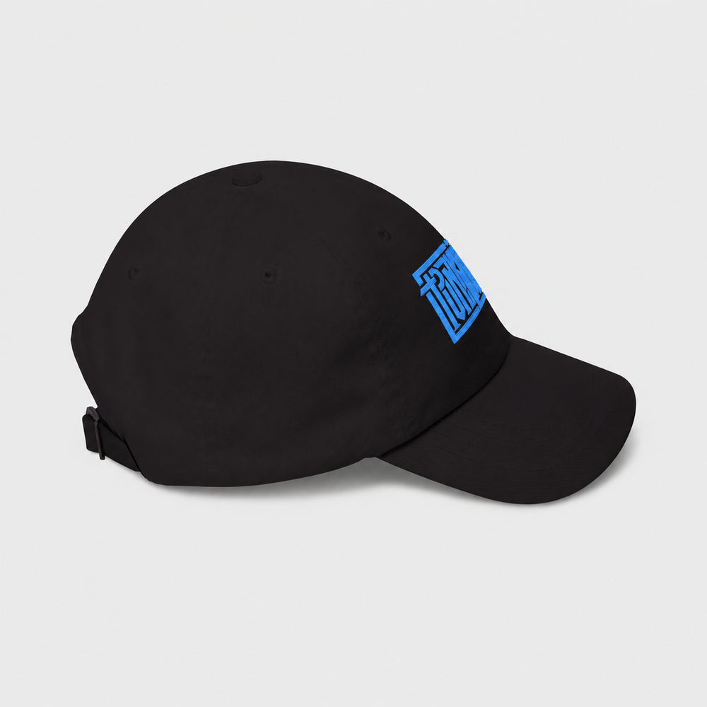Opposite side view of the black Punkrabbits cap with curved brim pointing right.