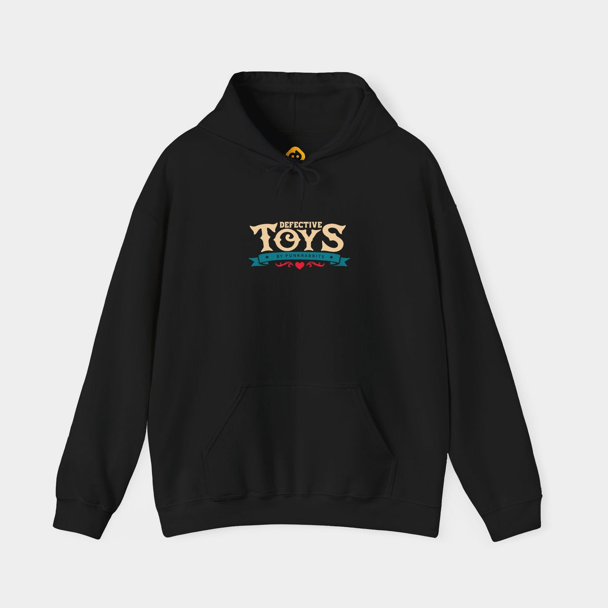 Sinister Sussie black hoodie, front view showing cream Defective Toys lettering above a teal Punkrabbits banner and a small red flourish above the kangaroo pocket.