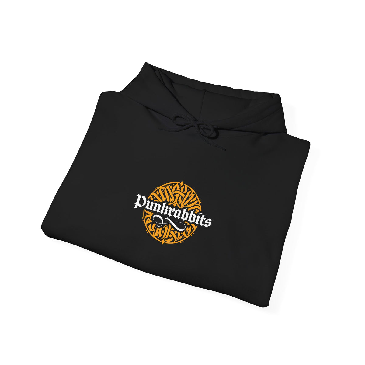 Folded black hoodie showing the white Punkrabbits chest logo and gold calligraphic disc.