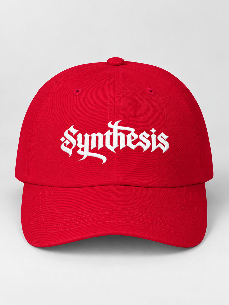 Cranberry Synthesis Ritual cap with white Gothic embroidery, front studio view.