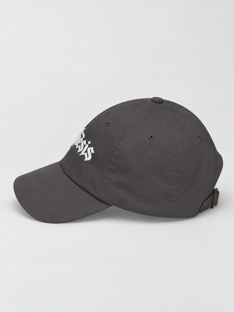 Dark Grey Synthesis Ritual embroidered cap, left-facing side on gray.
