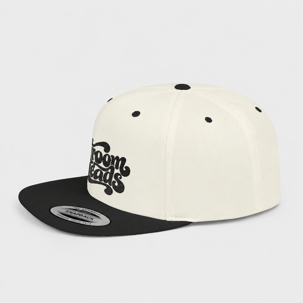 Natural/Black Shroom Heads snapback, three-quarter view with flat black bill and factory sticker.