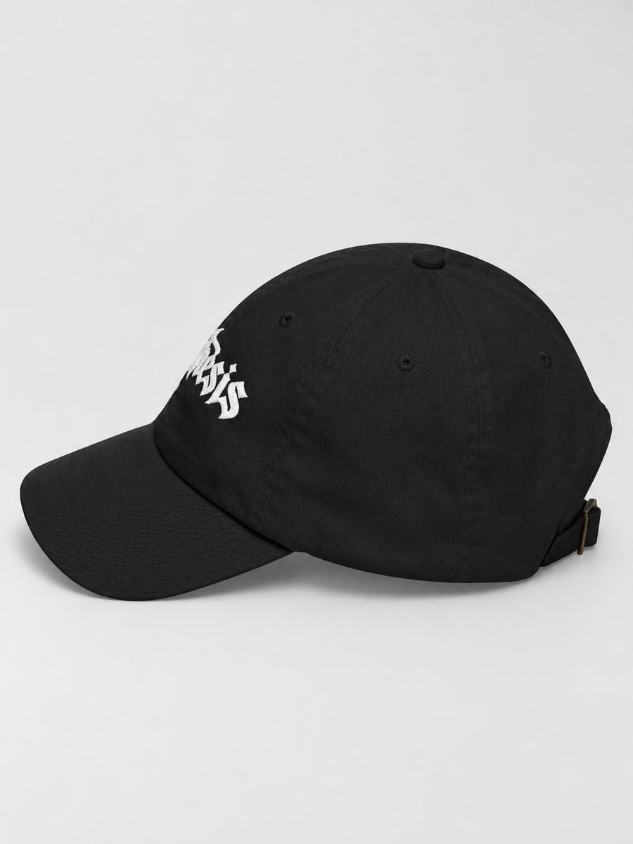 Black Synthesis Ritual embroidered cap, left-facing side on gray.