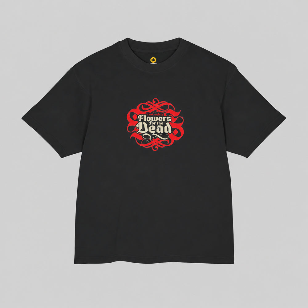 Front of black Flowers for the dead Premium Boxy Tee with ivory Gothic title and red ornamental chest print.