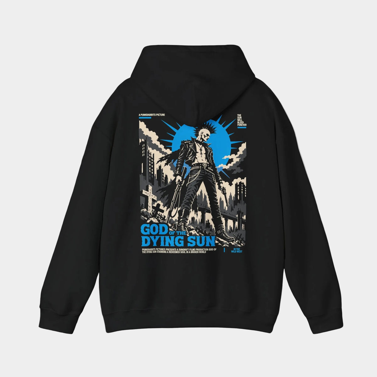 God of the Dying Sun black hoodie, back view with punk gunslinger among ruined buildings beneath a blue sunburst
