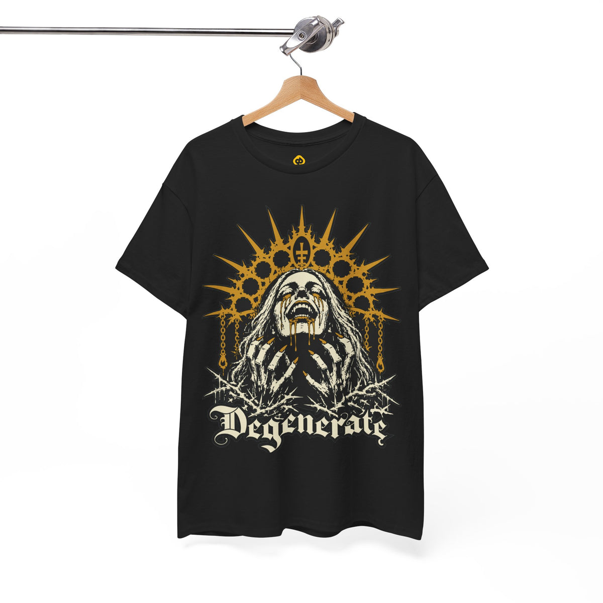 Degenerate black graphic T-shirt hanging, full front view with screaming figure with spiked gold halo and Degenerate text