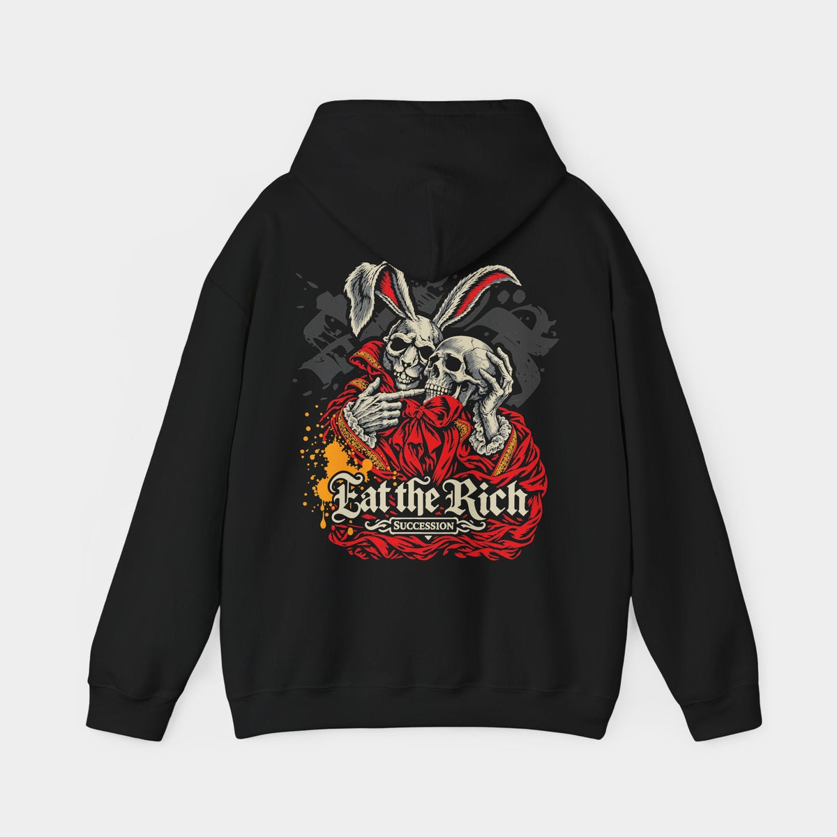 Succession black hoodie, back view showing an ivory skeletal rabbit in a red ceremonial robe holding a human skull, with gold details, cream Eat the Rich lettering and the smaller Succession title.