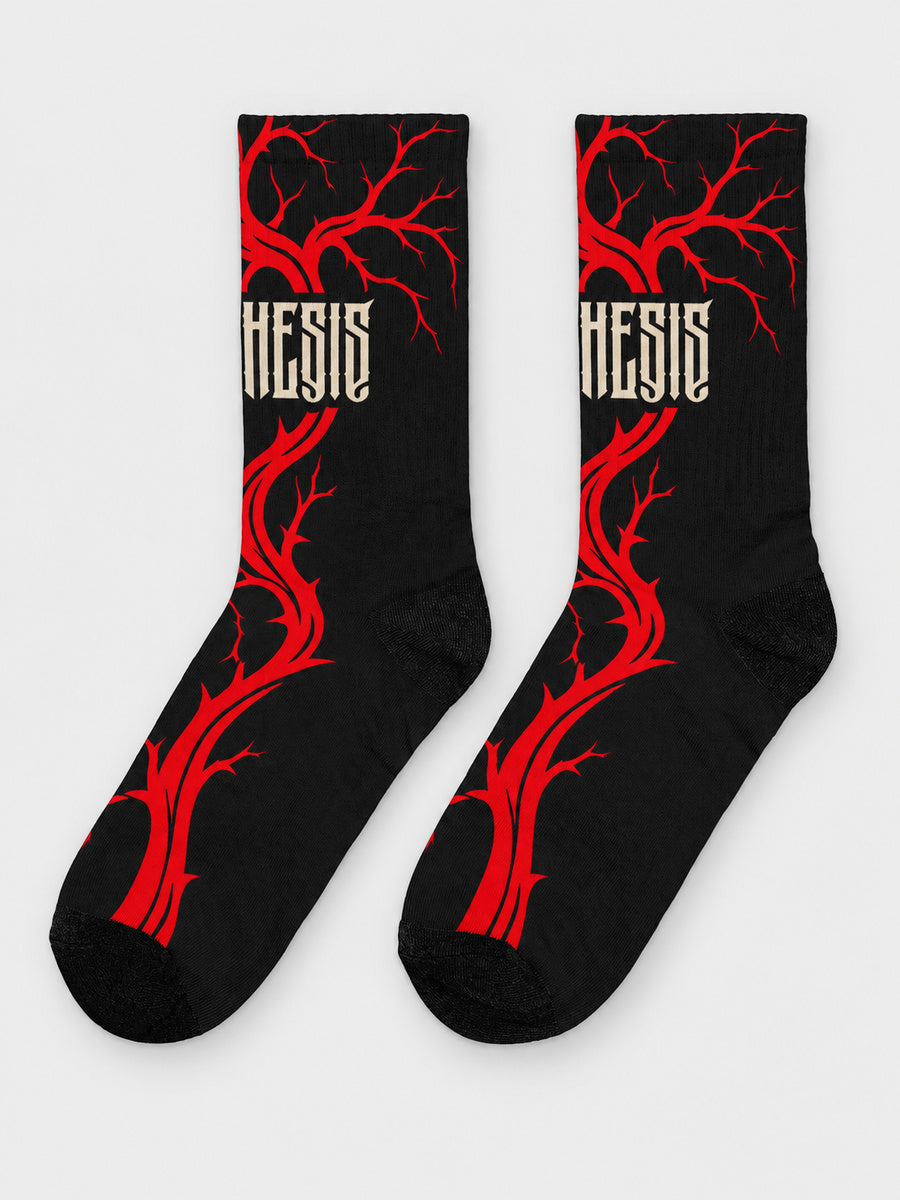 Bleeding Tree Synthesis crew sock pair, main side showing dense red branches and wrapped ivory lettering on light gray.