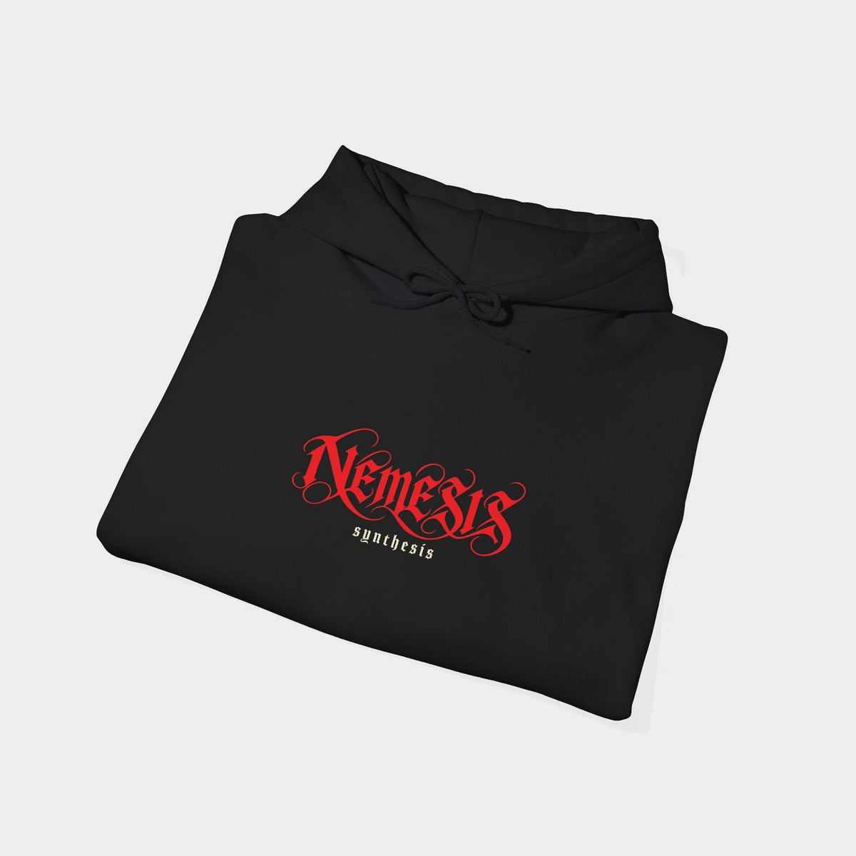 Nemesis black hoodie folded, showing red Nemesis calligraphic lettering with small ivory Synthesis text.