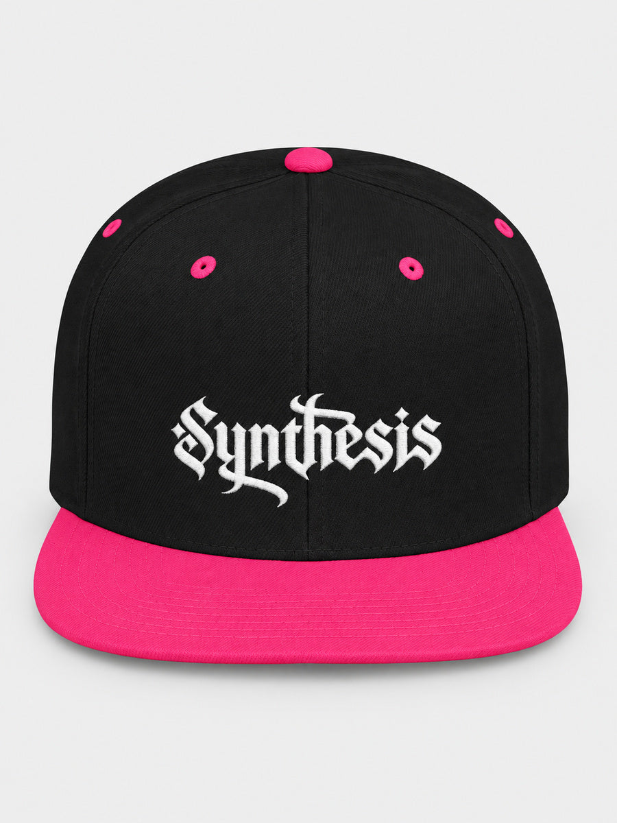 Synthesis Doomed Flat Bill Snapback Hat in Black/Neon Pink, front studio view with white Gothic embroidery.