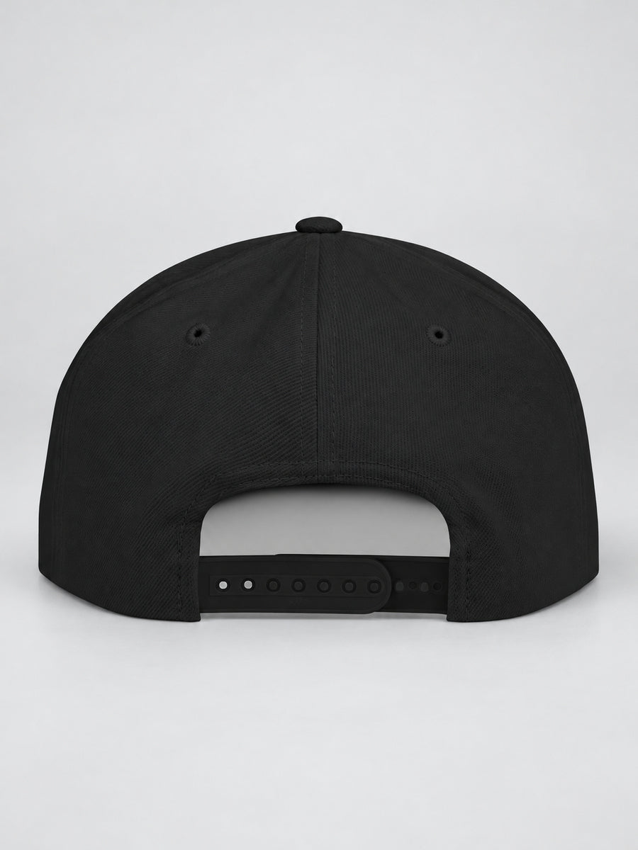 Synthesis Doomed Flat Bill Snapback Hat in Black, rear studio view showing the adjustable snap closure.