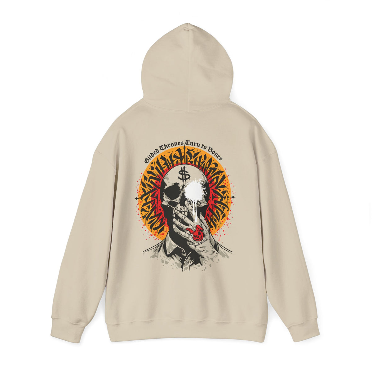 Sand hoodie back with full Gilded Thrones Turn to Bones skull artwork; hood raised.