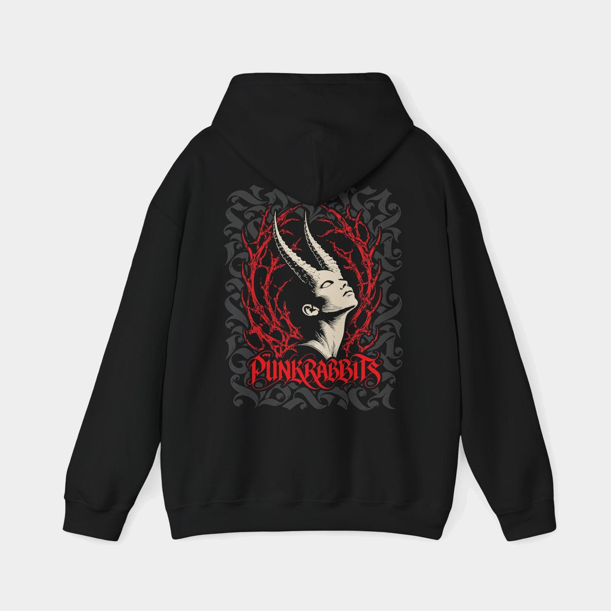 Ecstasis black hoodie, back view showing an ivory upward-tilted horned portrait framed by red branching thorns and charcoal ornament, with red Punkrabbits lettering.